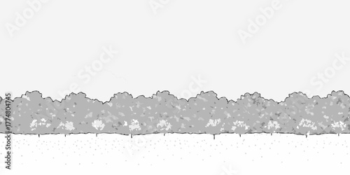 Stylized black and white illustration of a dense hedge or bush line with textured foliage and a dotted ground pattern