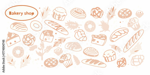 Whimsical hand drawn bakery shop assortment of baked goods and pastries seamless pattern