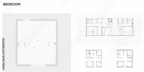Architectural floor plans and layouts for residential spaces including bedrooms and living areas
