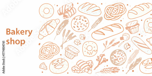 Hand drawn bakery shop illustration with various baked goods and wheat ears on white background