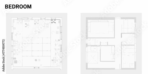 Minimalist architectural floor plan drawings of a bedroom and apartment layout