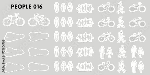 Collection of white silhouette icons of people and bicycles on a gray background