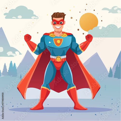 Superhero in colorful costume with cape smiling against mountain backdrop