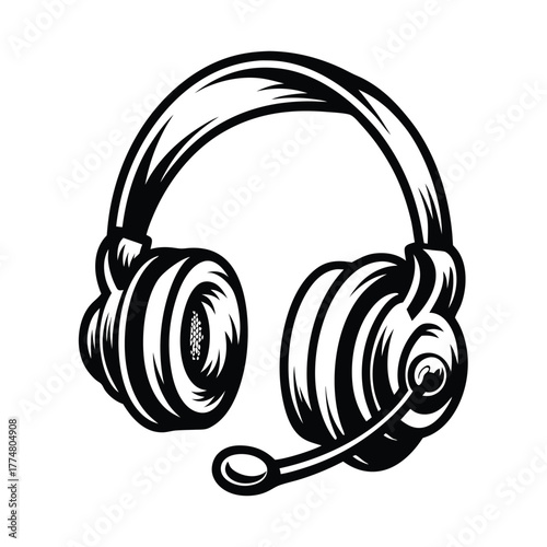 Detailed headset illustration showcases microphone boom and cushioned earcups in bold monochrome