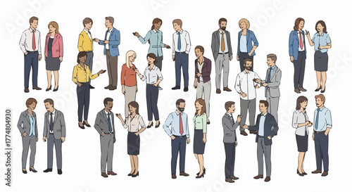 Diverse group of business professionals interacting in a modern office setting.