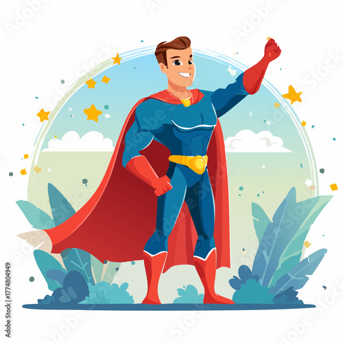 Superhero illustration with vibrant colors and dynamic pose on white background