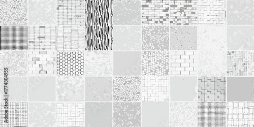 Monochromatic collage of various textured and patterned square tiles in a grid layout
