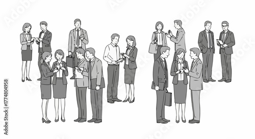 Group of business people in suits discussing work related topics.