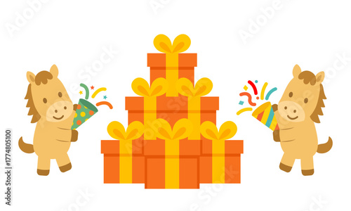 クラッカーを鳴らしてプレゼントを囲むかわいい馬のフラットデザインイラスト