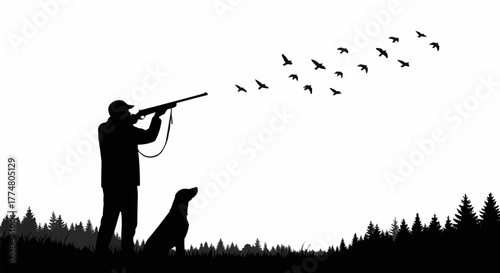 Silhouette of a hunter aiming a rifle at flying birds with his dog.