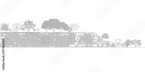 Stylized grayscale silhouette of trees and foliage on a textured embankment against a white background