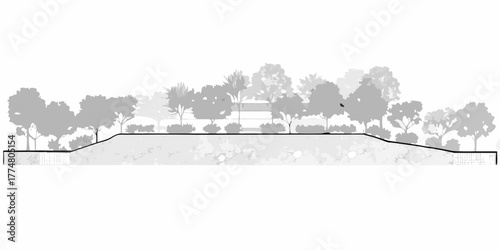 Architectural elevation drawing of a lush green landscape with trees and buildings