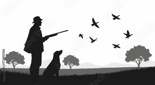 Hunter and dog silhouette observing flying birds in the sky.