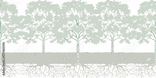 Stylized trees with visible root systems showing growth and connection to earth
