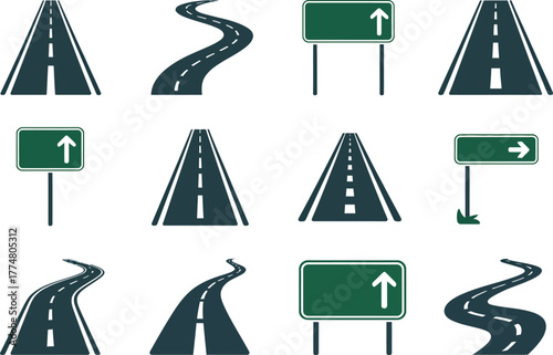 A collection of road illustrations and traffic signs, depicting different paths and directions