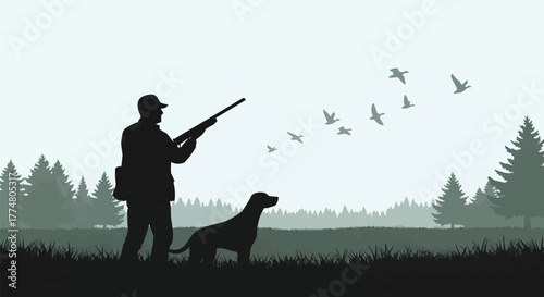 Silhouette of Hunter Aiming at Birds with Dog in Nature.