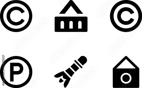 A collection of simple icons representing copyright, shopping, and protected content.