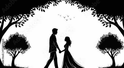 Silhouette of a couple holding hands in a romantic setting.