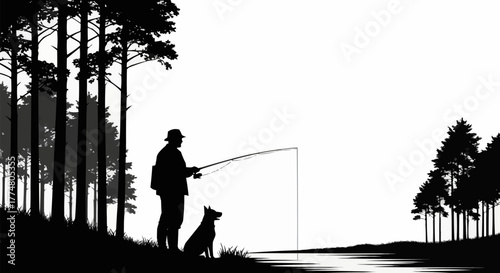 Silhouette of a fisherman and his loyal dog enjoying a peaceful day by the water.
