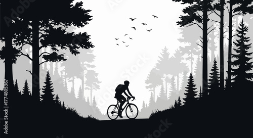 Silhouette of a lone cyclist with a backpack riding a mountain bike.
