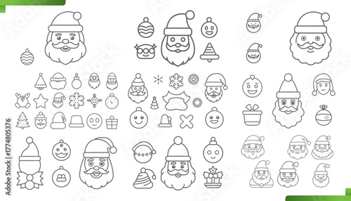 Collection of hand drawn christmas icons and santa claus faces