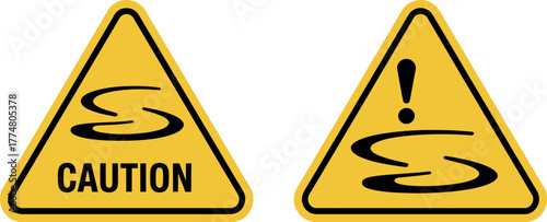 Caution and wet floor warning signs, indicating slippery surfaces