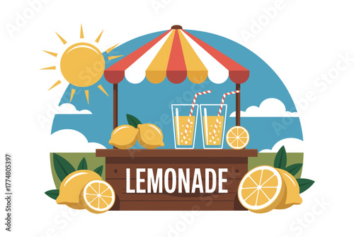 A sunny day lemonade stand offers refreshing drinks and fresh lemons to customers.