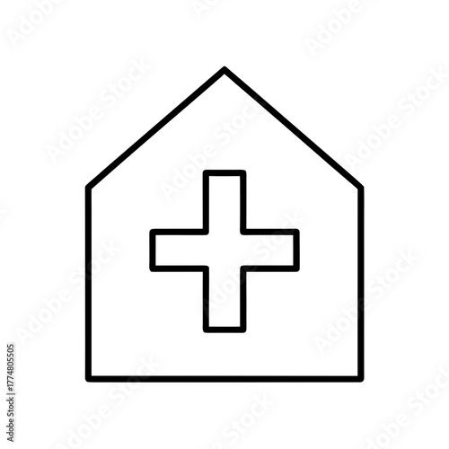 Outline of a house with a plus symbol inside silhouette