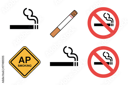 A collection of icons and symbols representing smoking and its prohibition.