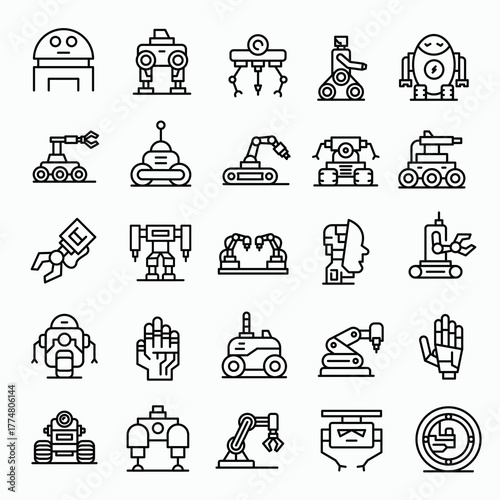Futuristic robot and machine icons for science and innovation projects.