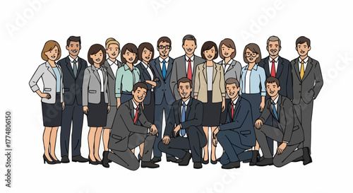 Diverse group of business professionals standing and kneeling in formal attire.