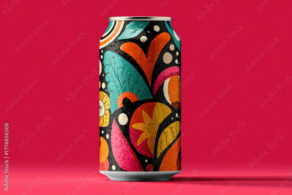 Obraz premium Pop art doodle craft can, vibrant street style illustration with eyes, cartoon geometric abstract label, creative summer beverage packaging, trendy bold branding, unique urban design