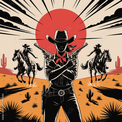 Silhouette of a powerful female cowboy with crossed revolvers against a dramatic sunset in the wild west