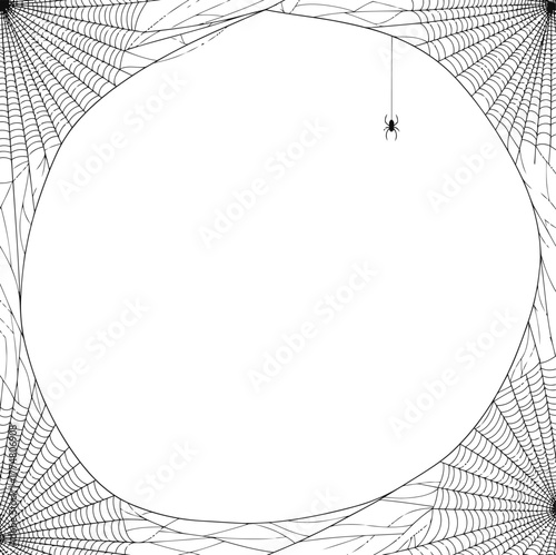 A black and white graphic design featuring spider webs framing a central white circle with a small spider hanging from a thread.