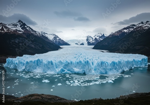 Wallpaper Mural Massive glacial tongue flowing between rugged cordillera peaks, featuring deep blue ice, snow fields, and frozen meltwater ,high altitude ,deep blue ,altitude Torontodigital.ca