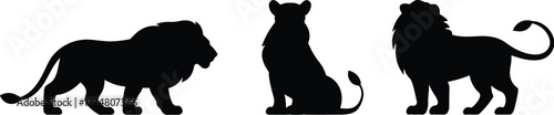 Lion silhouette collection, majestic wild animal poses, standing lion, sitting lion, black vector lion shapes, African wildlife illustration, bold feline graphic design element