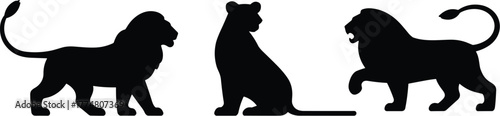 Lion silhouettes in various poses, standing lion, sitting lion, walking lion, black animal shapes, wildlife illustration, majestic feline, safari theme, vector graphic, predator art