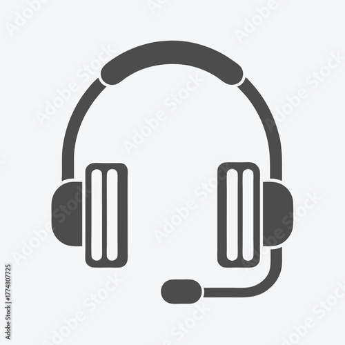 Gray call center headset with microphone displayed on a white plain background