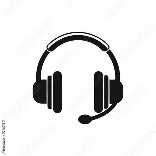 Black monochrome headset features a microphone for communications on white background, minimal style