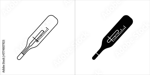 Two icons of a mercury thermometer, one outlined and one solid black