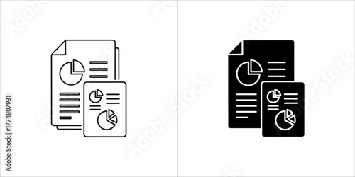 Two icons representing financial reports and data analysis, one outlined and one solid black