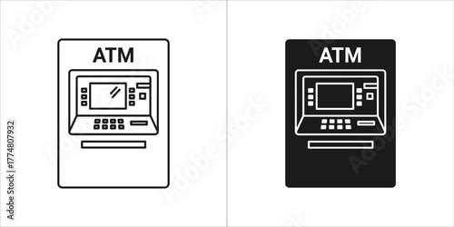 Two icons of an atm machine, one in outline and one in solid black, on a