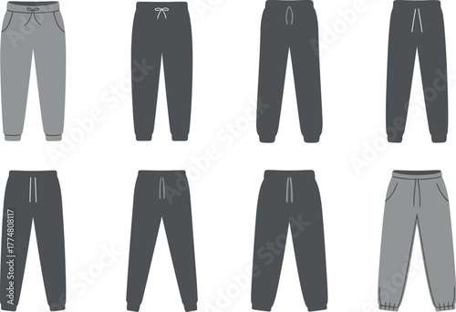 A collection of various gray sweatpants with drawstrings displayed in a grid pattern.