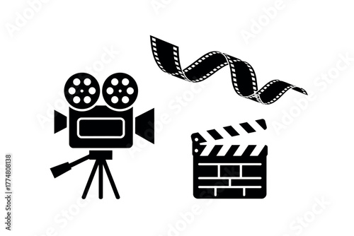 A vintage film camera, film strip, and clapperboard are depicted on a white background.