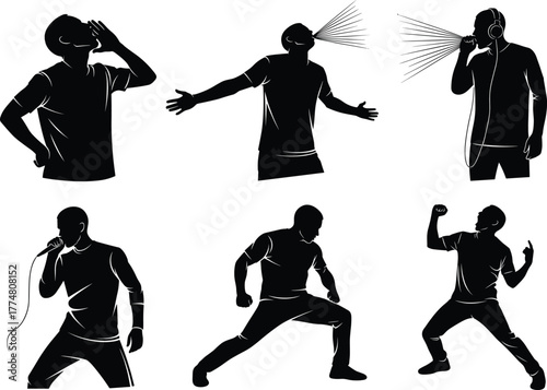 Vocal performance silhouette set, expressive singers and rappers in action, black and white vector illustration, music, energy, emotion