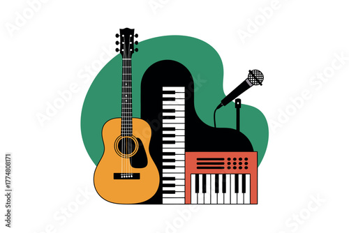 An acoustic guitar, grand piano, keyboard, and microphone are artfully arranged, representing music.