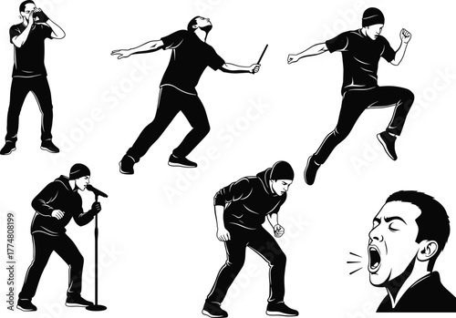 Expressive performer silhouette set, dynamic vocal and musical poses, black and white vector illustration, emotion, energy, stage action