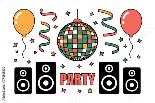 Disco ball, balloons, and speakers create a festive party atmosphere.