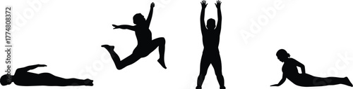 Silhouette of human figures in dynamic poses, jumping, stretching, resting, yoga, fitness, exercise, movement, body posture, black shape, isolated on white background