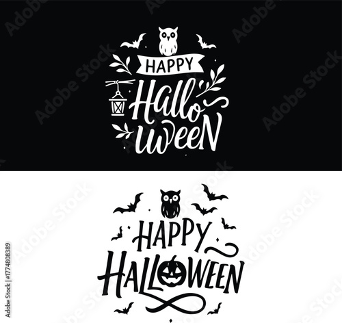 Happy halloween typographic banner design with hand-drawn lettering and spooky decorative elements including flying bats, a festive owl, a carved jack-o'-lantern replacing the 'o', and a rustic hangin